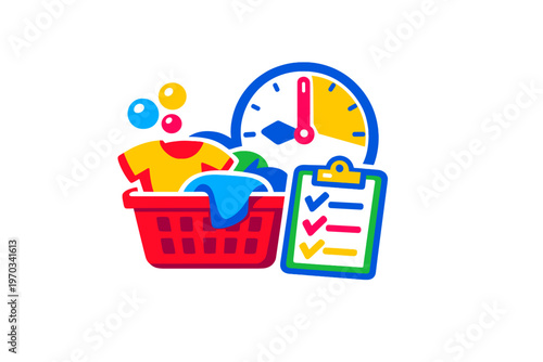 A vibrant illustration featuring a red laundry basket filled with