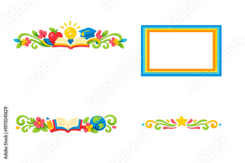 A collection of colorful school-themed decorative borders and a frame
