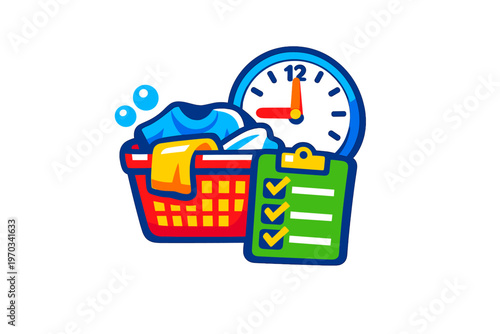 A colorful cartoon illustration of a red laundry basket filled with