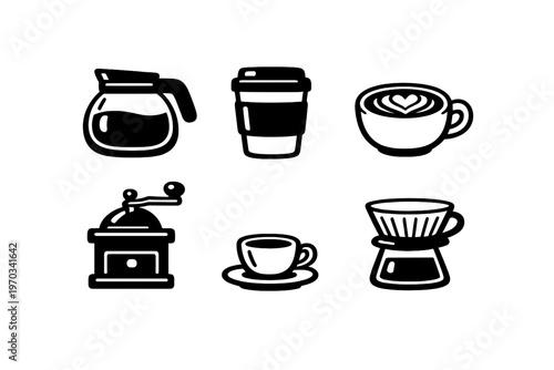 A collection of six black and white minimalist coffee icons including