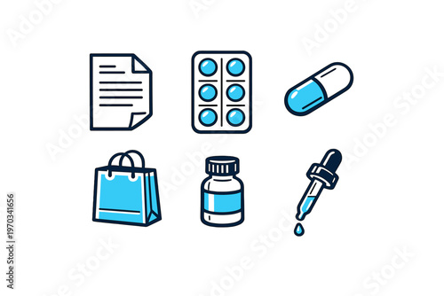 A collection of six blue and white medical icons including a