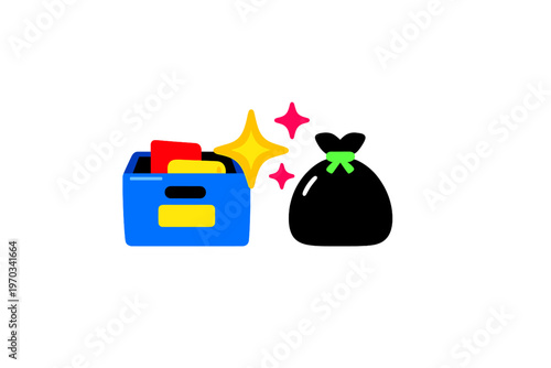A flat vector illustration features a blue plastic bin filled with