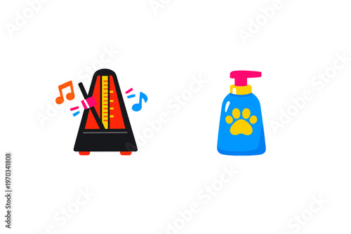 A colorful illustration featuring a black mechanical metronome with