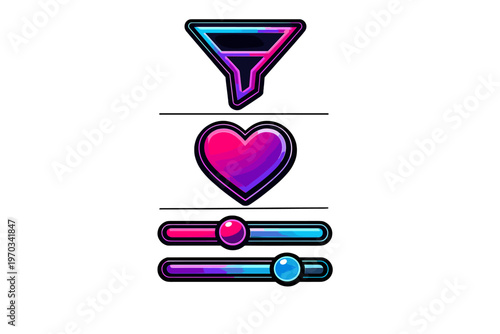 Set of neon user interface icons featuring a funnel, a heart, and two