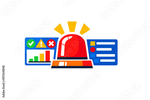 A vector illustration features a central red siren with glowing rays