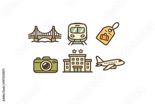 A collection of six travel-themed icons featuring a bridge, a train