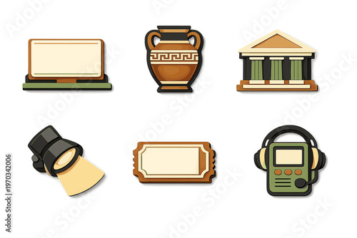 A collection of six museum and history-themed icons including an
