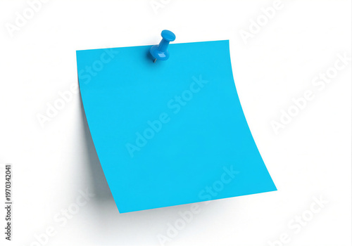 Bright blue sticky note pinned with a blue thumbtack on a plain background