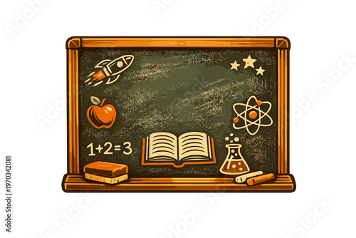A vintage style chalkboard illustration featuring educational icons
