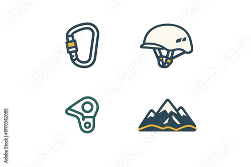 A set of four minimalist mountaineering icons including a carabiner