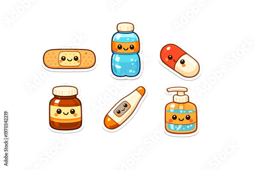 A collection of six kawaii-style first aid and medical icons