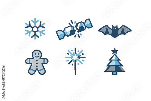 Set of six minimalist winter and holiday icons including a snowflake