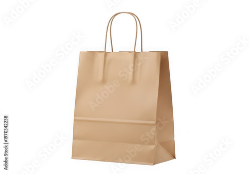 Small brown kraft paper shopping bag with twisted paper handles for retail and grocery packaging isolated on transparent background