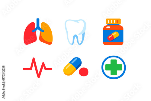 A collection of six colorful medical icons featuring human lungs, a