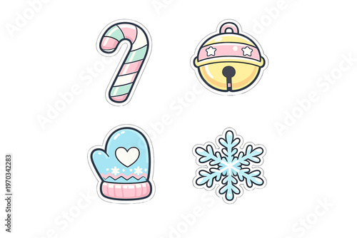 A set of four cute Christmas stickers featuring a pastel candy cane