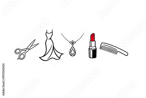 A minimalist vector illustration featuring beauty and fashion icons