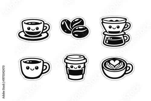 A collection of six cute black and white coffee-themed stickers