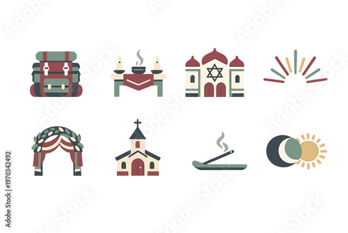 A flat vector illustration set featuring eight spiritual and
