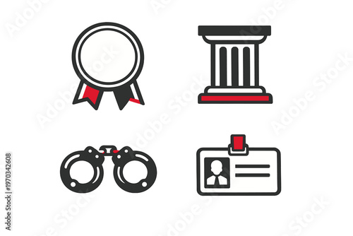 A set of four flat vector icons related to law and justice, featuring