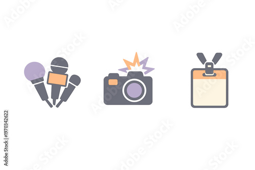 A collection of three flat vector icons representing journalism