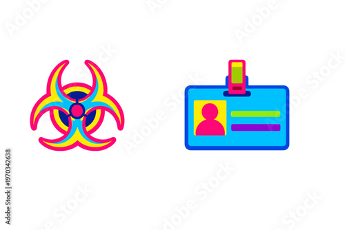 A stylized biohazard symbol and an identification badge are presented