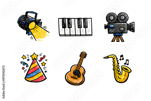 A collection of hand-drawn icons featuring a stage spotlight, piano