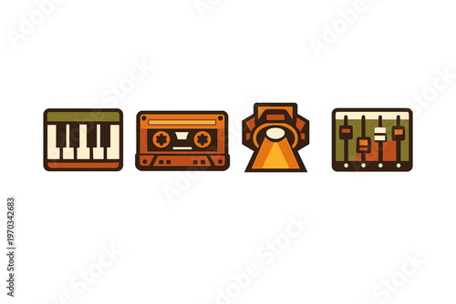 A collection of four retro-style music icons featuring a piano