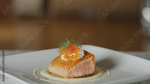Wallpaper Mural Gourmet salmon dish garnished with dill and roe on a white plate. Torontodigital.ca