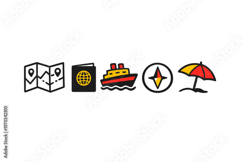 A set of five travel-themed icons including a map, passport, cruise
