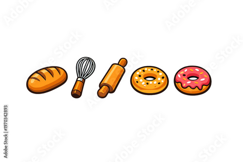 A set of five bakery-themed icons including a loaf of bread, a whisk