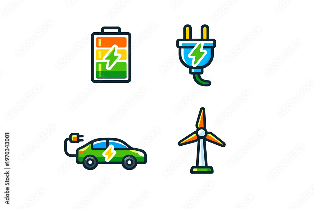 Fototapeta premium A set of four flat vector icons representing renewable energy and