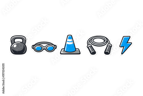 Set of five stylized sports and fitness icons featuring a kettlebell