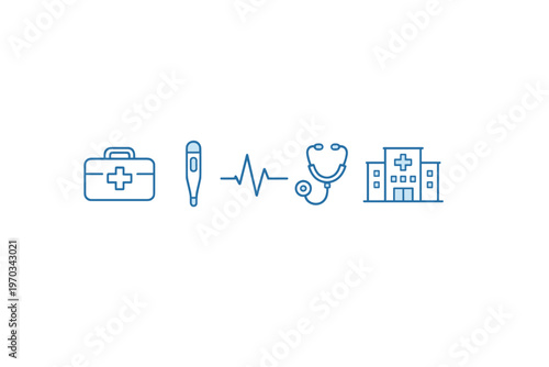 A set of five blue linear medical icons featuring a first aid kit