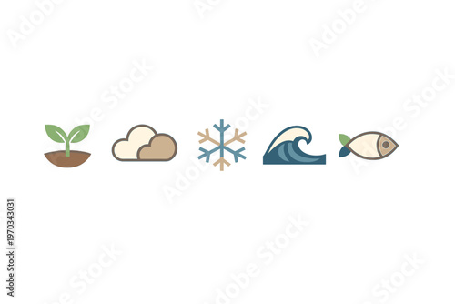Five flat design nature icons featuring a green sprout, brown clouds