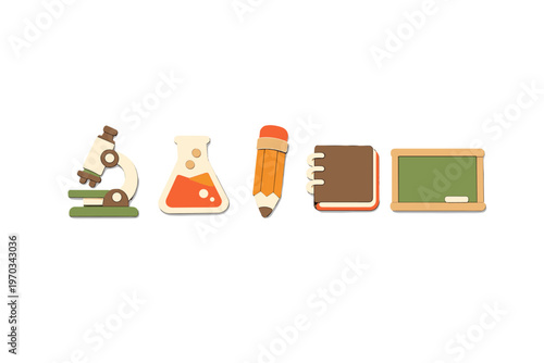 A row of five stylized educational icons including a microscope
