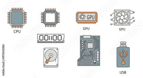 Computer hardware icons cpu gpu ram hard drive usb vector illustration