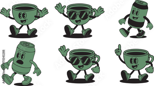 Six retro cartoon coffee cup and soda can characters expressing various happy emotions