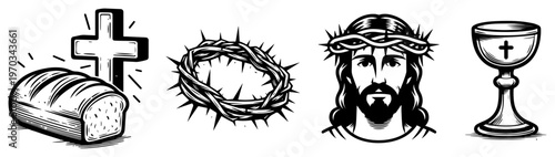 Christian Religious Icons Vector Set Featuring Jesus Christ, Crown of Thorns, Holy Grail Chalice and Bread with Cross