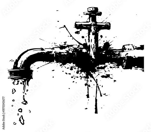 Grunge Faucet with Water Pipe and Ink Splatter, Abstract Industrial Plumbing Concept Vector Illustration