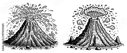 Volcanic Eruption Hand Drawn Illustration Set, Active Volcano with Lava and Smoke Clouds Vector Design