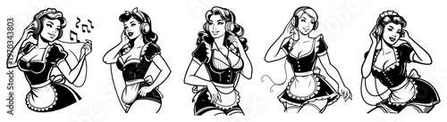 Retro Pin-up Maids with Headphones Vector Set, Vintage Style Women Listening to Music Illustration