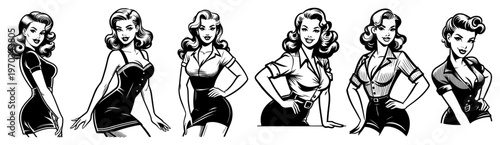 Vintage 1950s Pin-up Girls Fashion Set, Retro Styled Women in Classic Outfits Vector Illustration