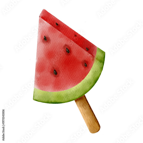 Watercolor watermelon slices on wooden sticks, an illustration of summer fruit frost. Hand-drawn.