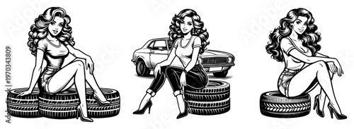 Classic Car Garage Pin-up Girls Vector Set, Retro Woman Sitting on Tires with Muscle Car Illustration