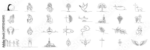 Minimalist One Line Christian Religious Icons Set, Catholic and Protestant Spiritual Symbols Vector
