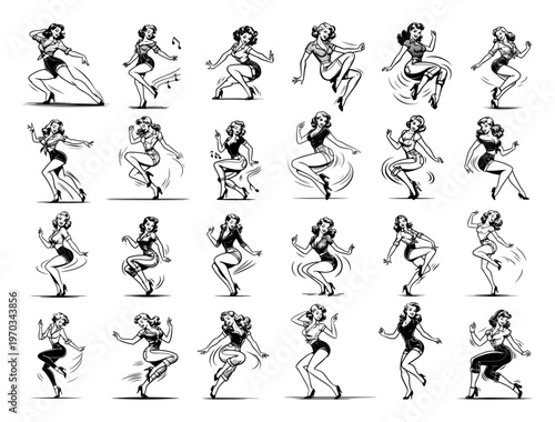 Retro Dancing Pin-up Girls Vector Collection, Vintage 1950s Style Women in Energetic Dance Poses
