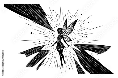 Magical Fairy Silhouette with Bright Light Burst and Sparkles Vector Illustration, Fantasy Pixie Creature in Radiant Glow