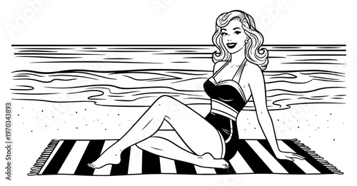 Vintage Pin-up Girl on Beach Towel Vector Illustration, Retro Woman in Swimsuit Sitting on Shore