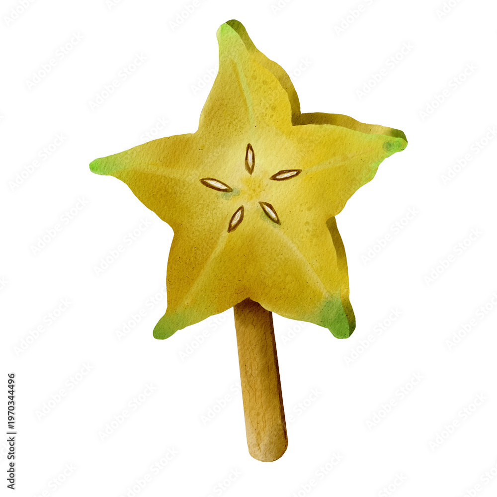 Fototapeta premium Watercolor carambola slices on wooden sticks, illustration of summer fruit ice cream. Hand drawn.