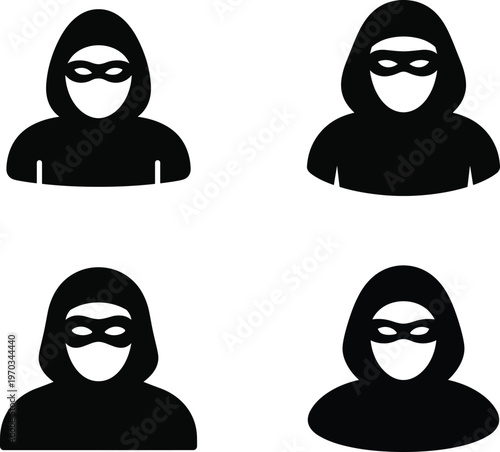 Set of Four Hooded Masked Person Silhouette Icons for Cybersecurity, Hacker, and Anonymous Themes